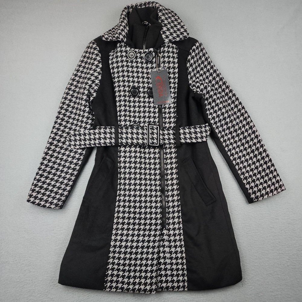 Yoki Coat Womens Medium Gray Black Tweed Houndstooth Belted Full Zip JW2126-2G